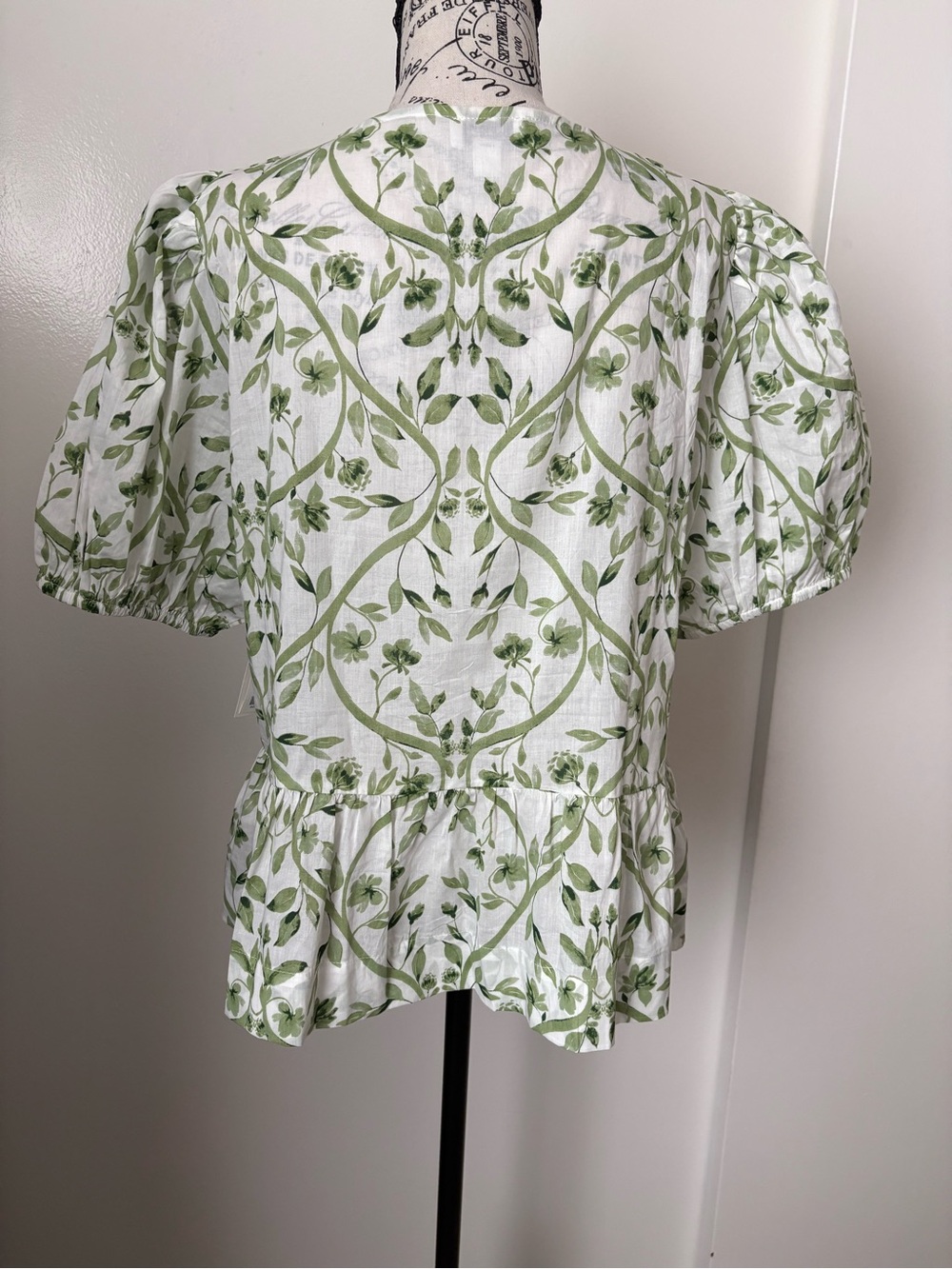 CeCe White Blouse with Green Floral Tie-Front Peplum - Picture 3 of 7